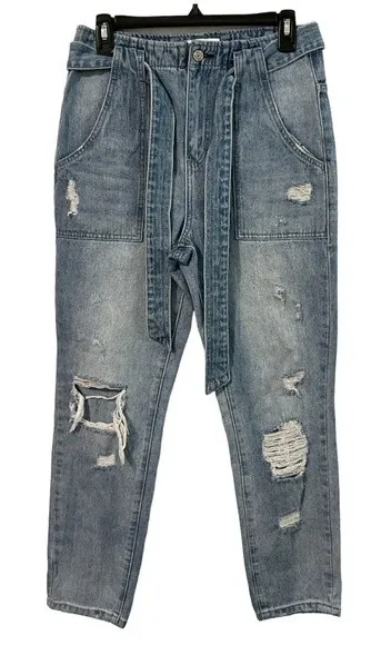 VERVET Distressed Tie Waisted Belted Jeans High Rise Size 27 Blue - Image 1