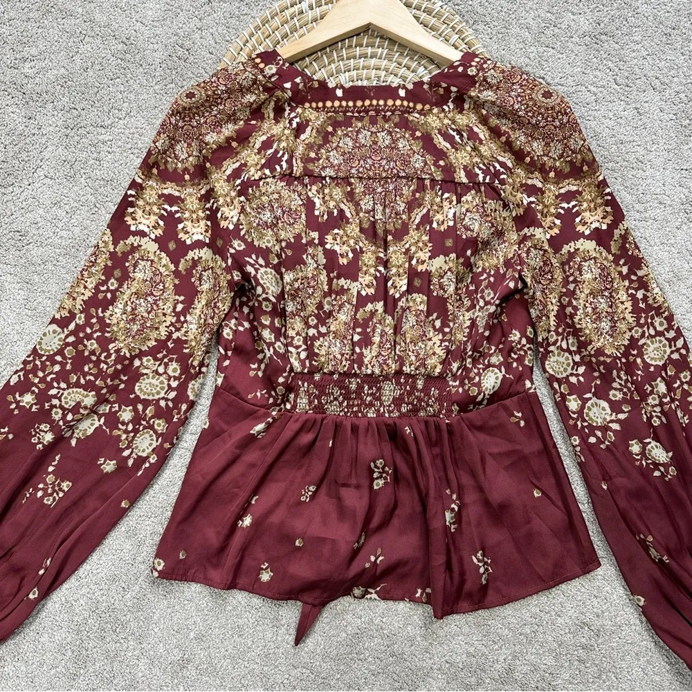 Free People Run Free Silky Satin Blouse Top V-Neck Longsleeve Chocolate Combo M - Image 11