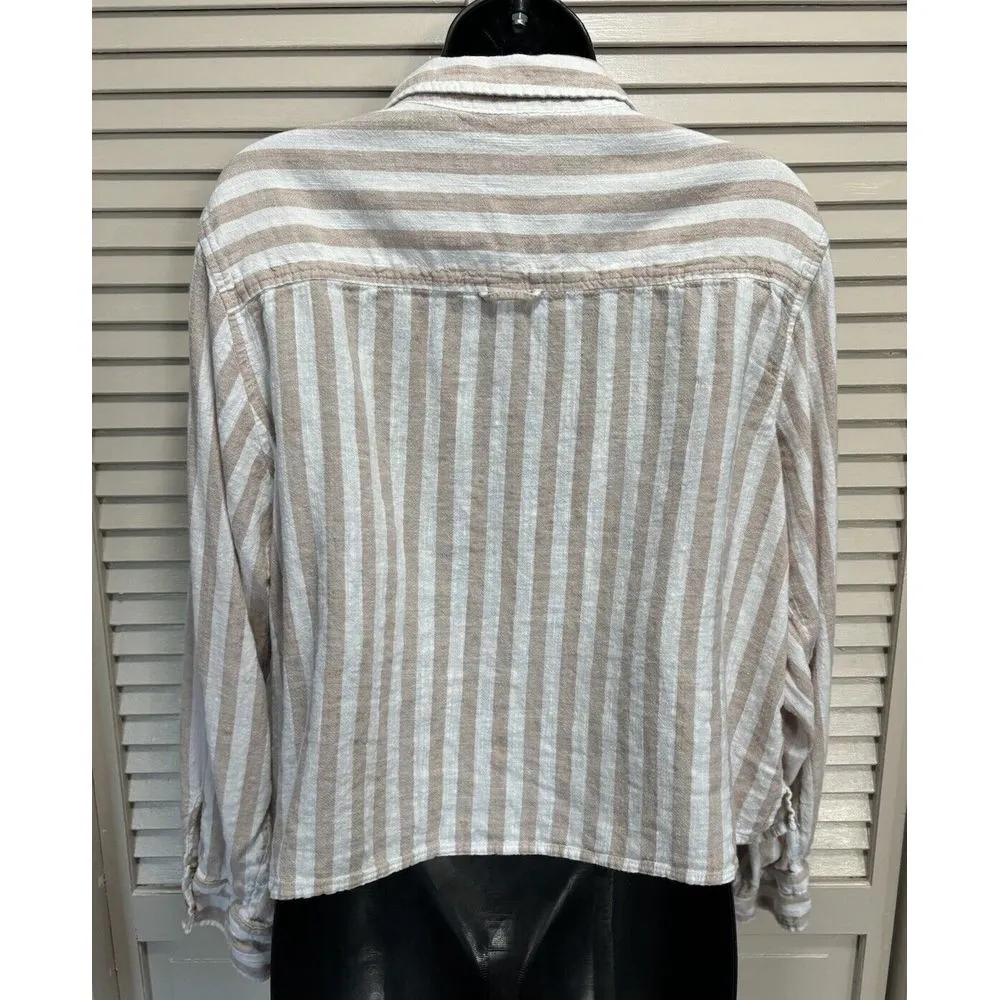 Shirt Button Up White/Tan Striped Long Sleeve Size L Linen Pocket - Image 4