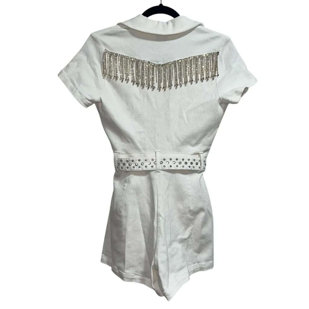 NEW NWT Show Me Your Mumu Outlaw Romper White Rhinestone Fringe Denim - Image 12