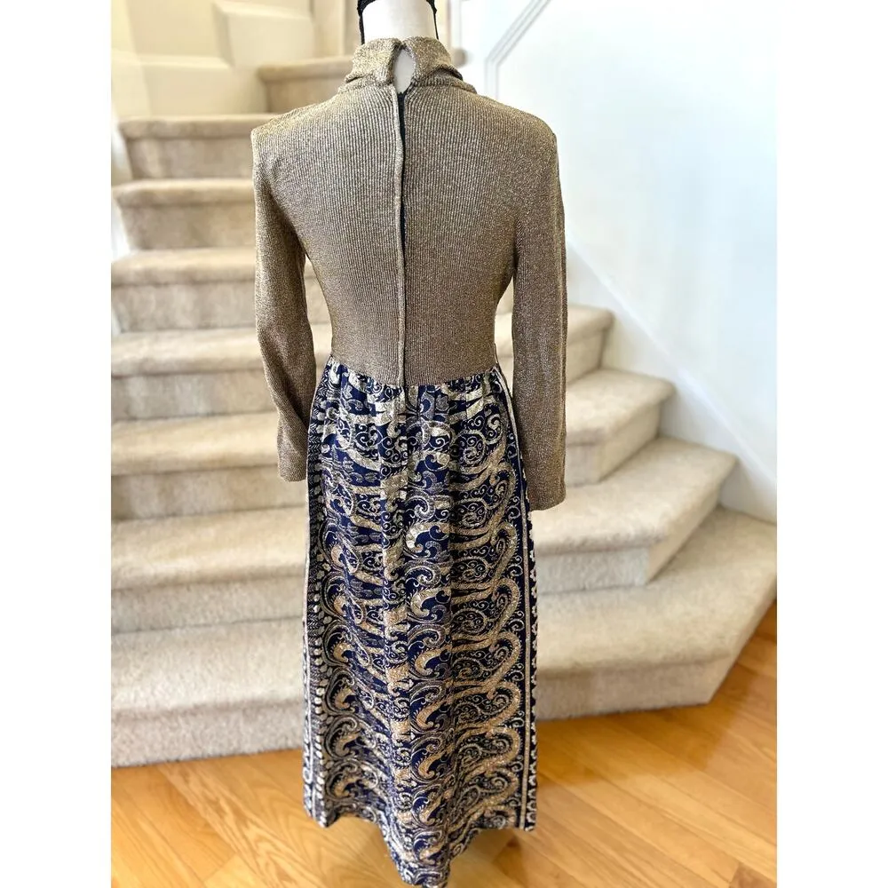 Vintage 60s/70s Metallic Gold & Navy Brocade Turtleneck Hostess Maxi Dress - Image 3