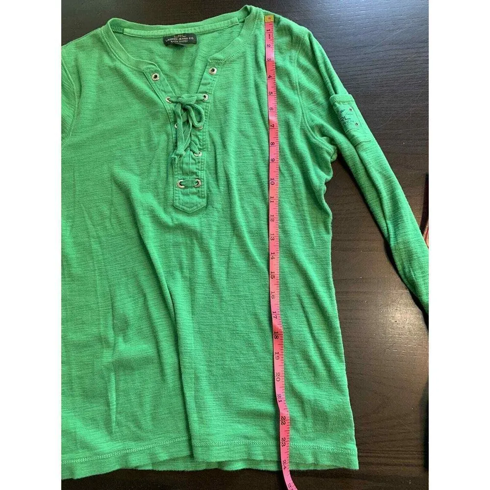 Lauren Ralph‎ Lauren Jeans Co Top Women's Medium Green Patch Laced Prepcore - Image 13