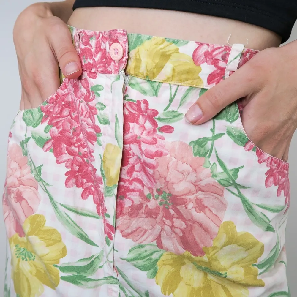 Vintage 80s Punto Linea Plaid and Floral Pencil Mini Skirt Size M - Image 3