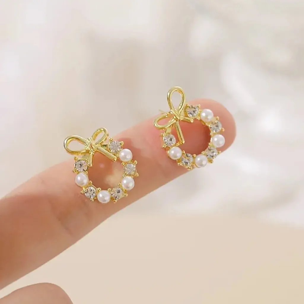 Wreath Bohemian Imitation Zirconia & Pearl Style Bowknot Fashion‎ Stud Earrings Gold - Image 14