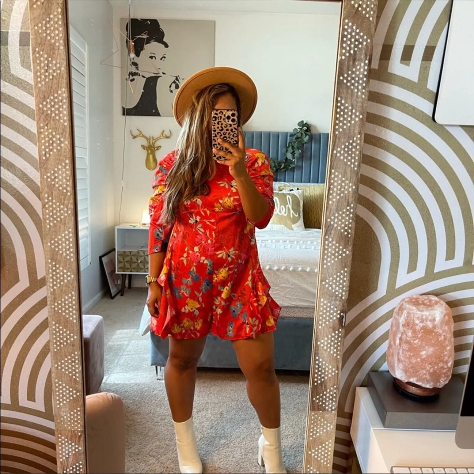 NWT Zara Satin Romper Small Red Japanese Floral Ruffle Puff Sleeve Ruched - Image 7