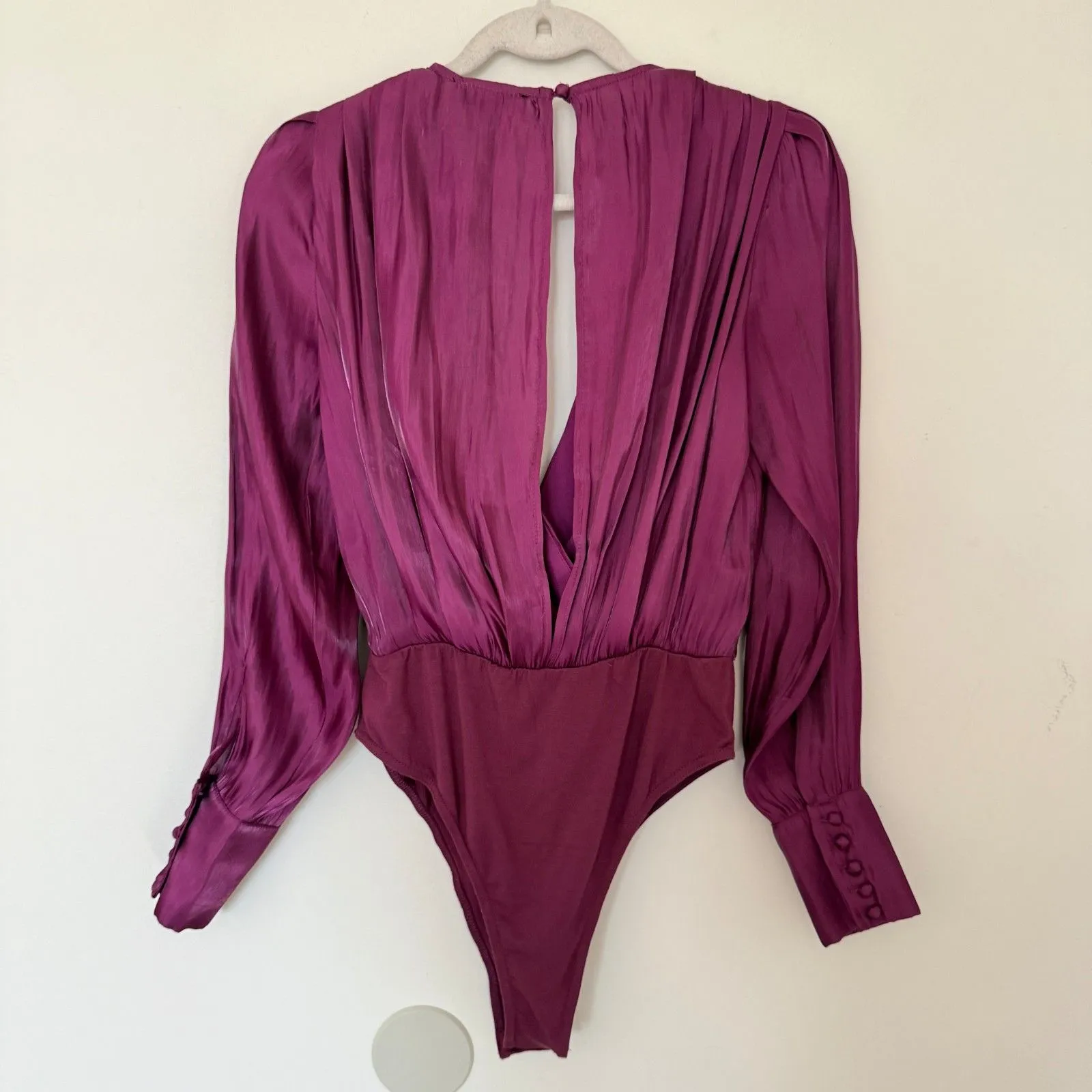 Lulus Love Interest Magenta Satin Surplice Long Sleeve Glam Night Out Bodysuit S - Image 3