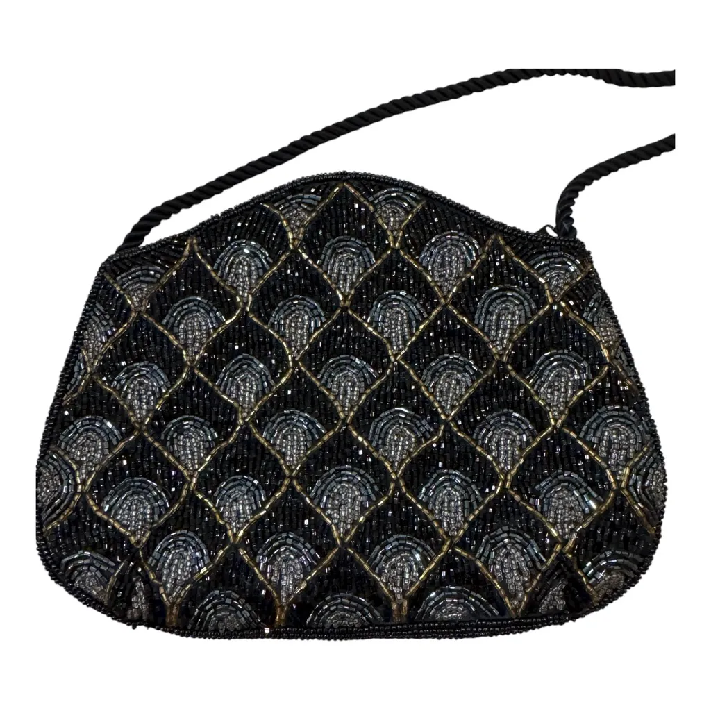 Vintage Black Gold Silver Beaded Evening Bag Art Deco Shoulder Purse Handbag - Image 4