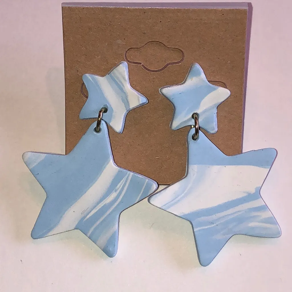 Blue and White Retro Boho Clay Star Earrings - Image 2