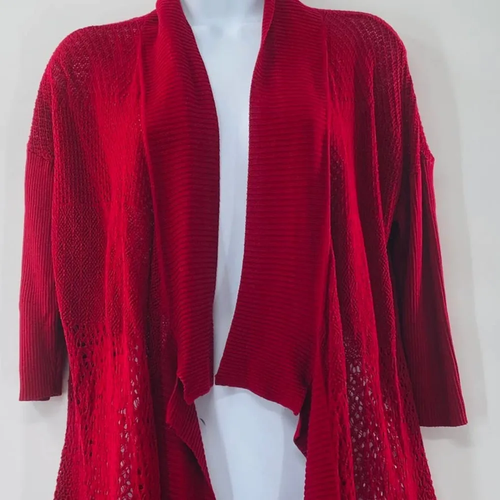 Eileen Fisher Red Open Front Drape Mixed Knit Silk Cardigan Size Small Red - Image 4