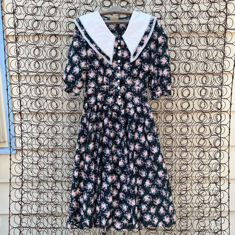 Vintage 90s Eber San Francisco Floral Bib Collar Teacher Church Modest Dress Size M - Image 3