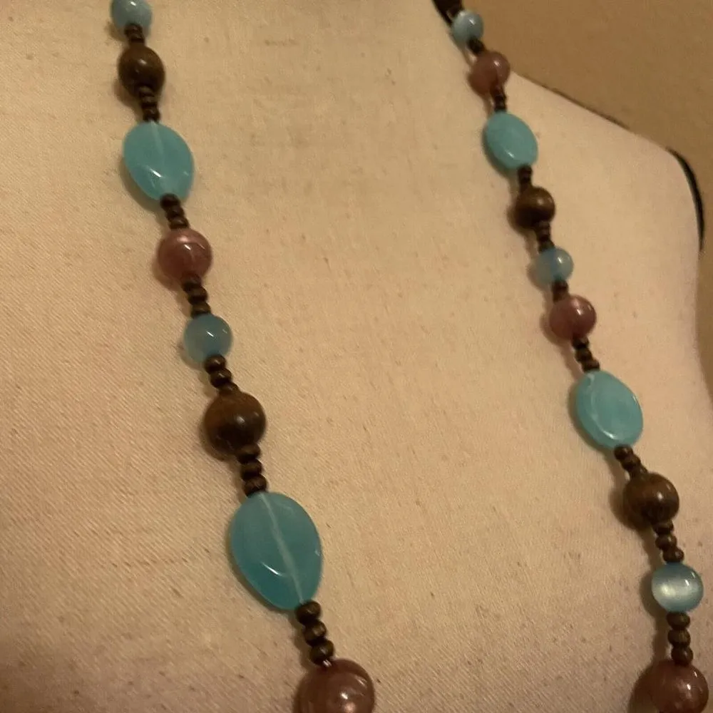 Women’s Long Beaded Necklace Blue / Brown Plastic 36 Inch - Image 6