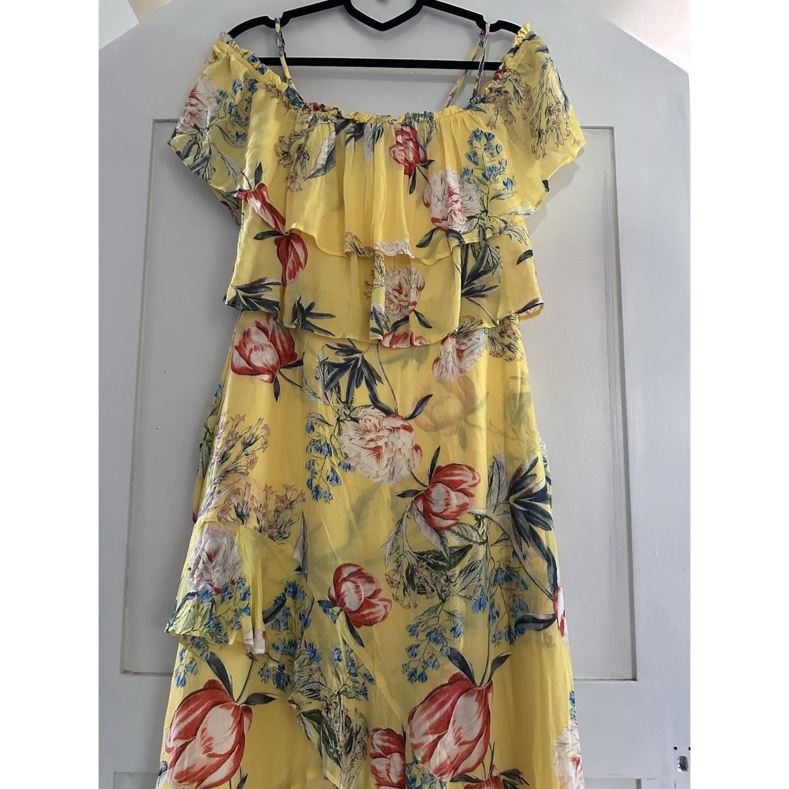 Women's BB Dakota Dress Yellow Floral Off Shoulder Ruffle Flowy High Low Size 0 - Image 4