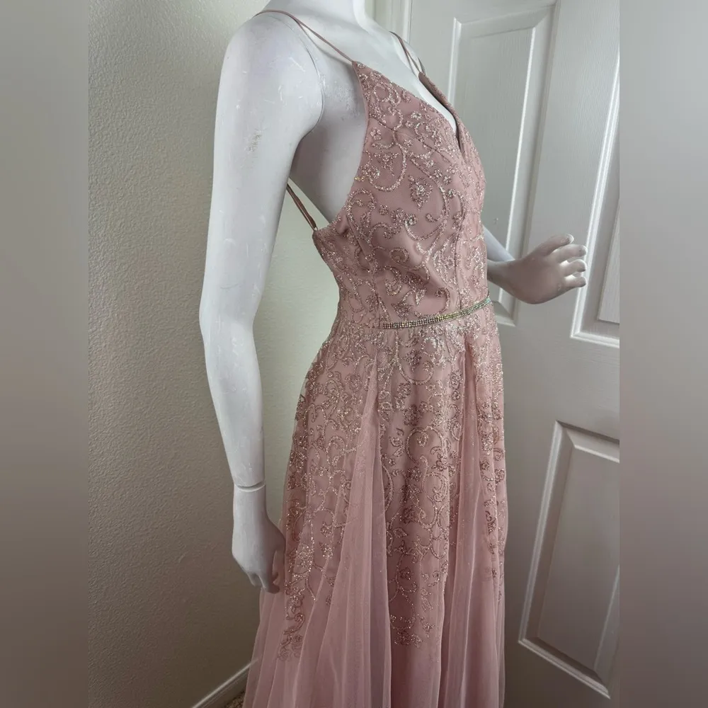 Teeze Me Juniors' Pink Glitter Beaded Mesh V-Neck Formal Dress Size 11-12 - Image 5