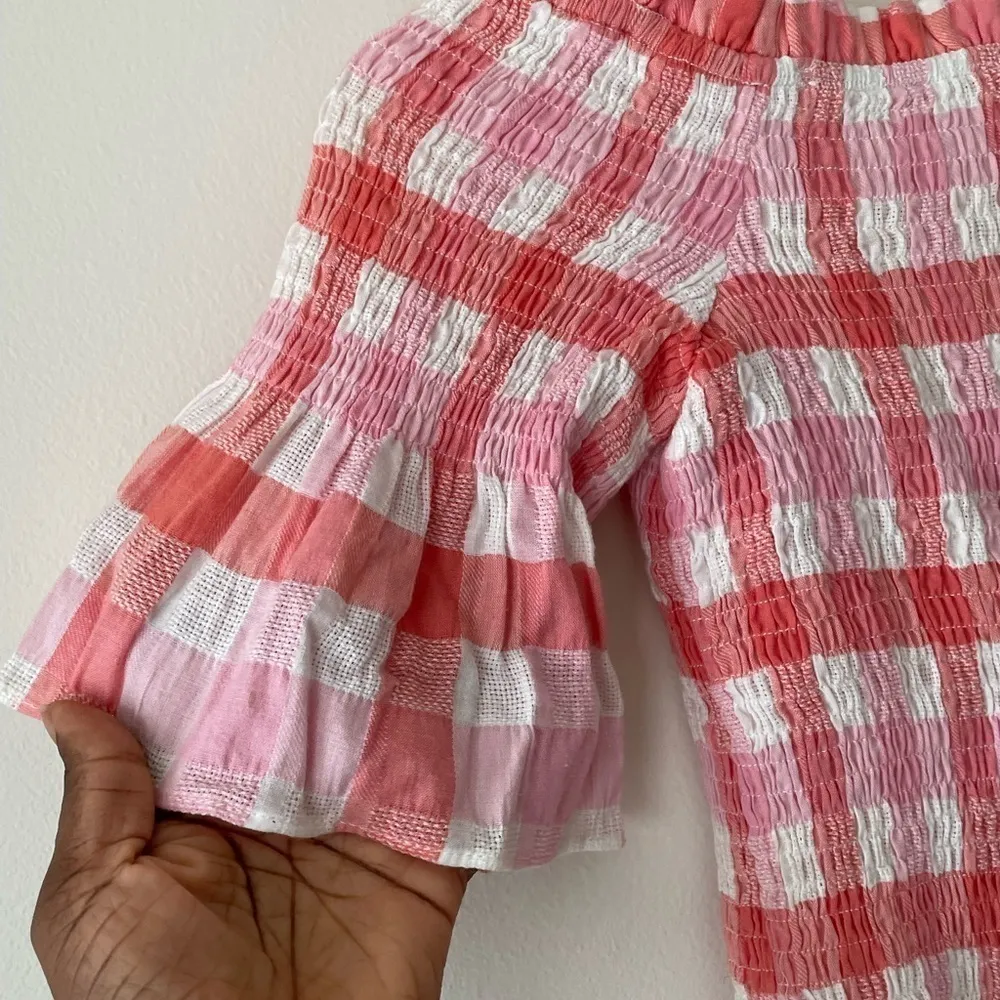 Sugar Lips Cropped Top Smocked Gingham Off Shoulder Checkered Size M - Image 4