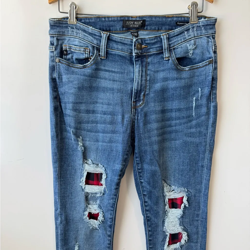 Judy Blue Red Buffalo Plaid Patch Distressed Skinny Fit Jeans Size 11\30 - Image 6