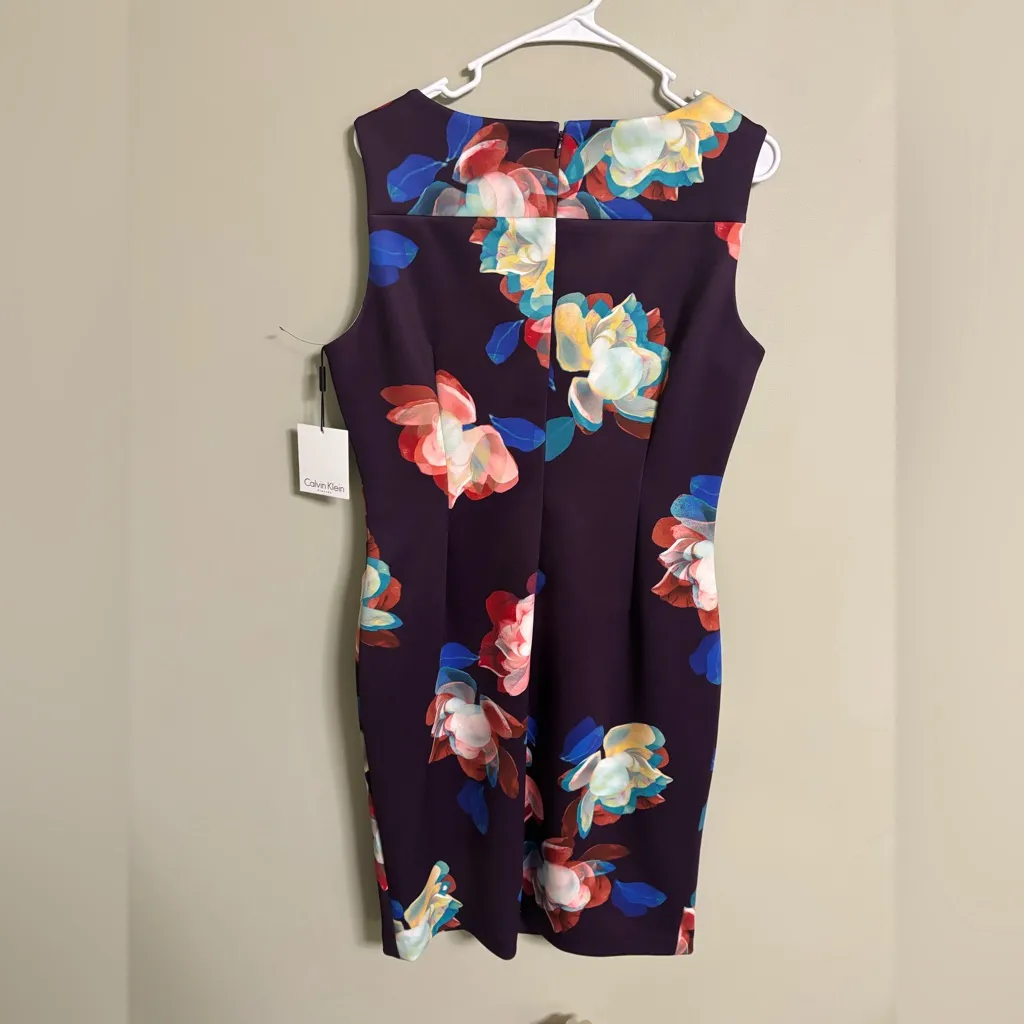 Calvin Klein Scuba Floral Printed Asymmetrical Ruching Sheath Dress Size 12 New - Image 3