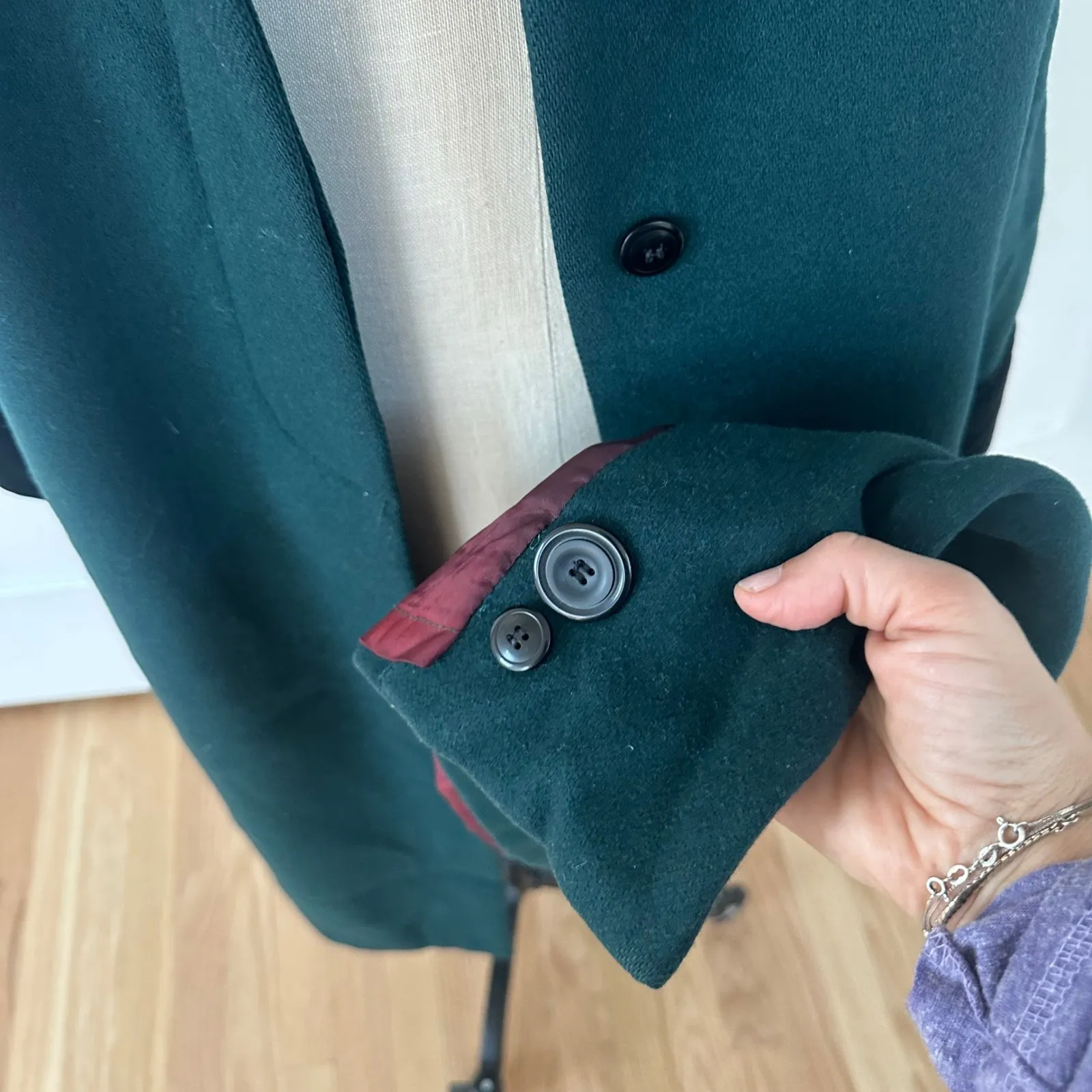 ALORNA Vintage Women's Dark Green Velvet Trim Long Wool Blend Coat 90s Size M - Image 5