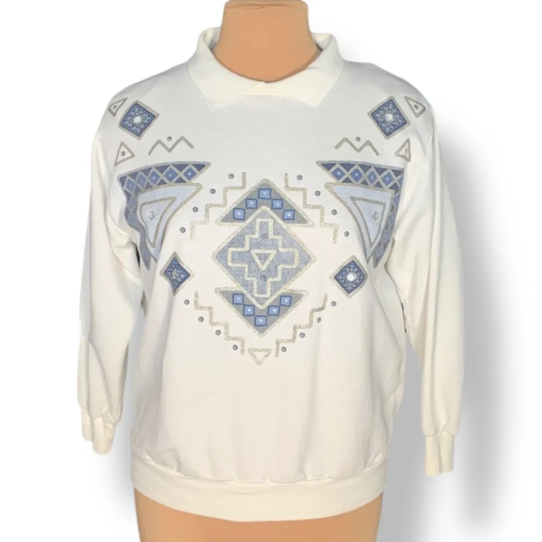 Vintage 80s White Blue Southwestern Geometric Collared Sweatshirt Size Small - Image 2