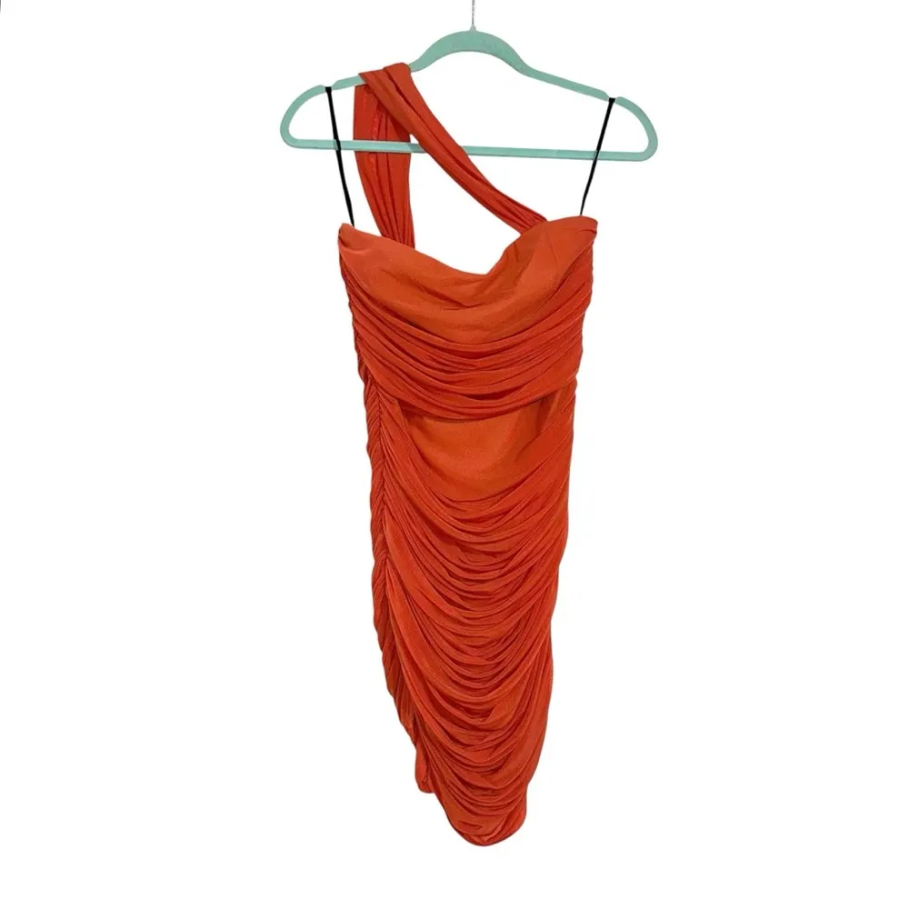 Revolve x Michael Costello Honor Orange Ruched One Shoulder Bodycon Mini Dress M - Image 3