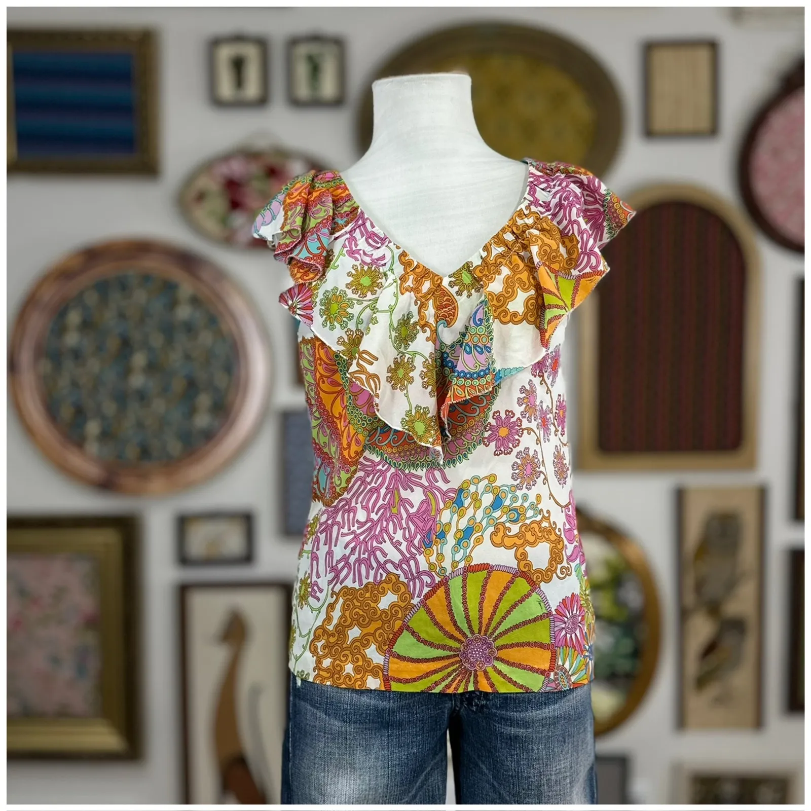 Trina Turk Paisley Reef Blouse Womens Size Brights Pink Blue Yellow - Image 2