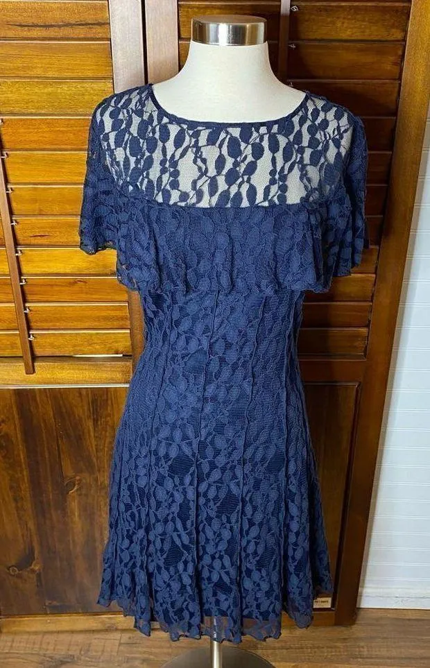 Jessica Howard Navy Lace Shoulder Ruffle Cocktail Dress - Image 3