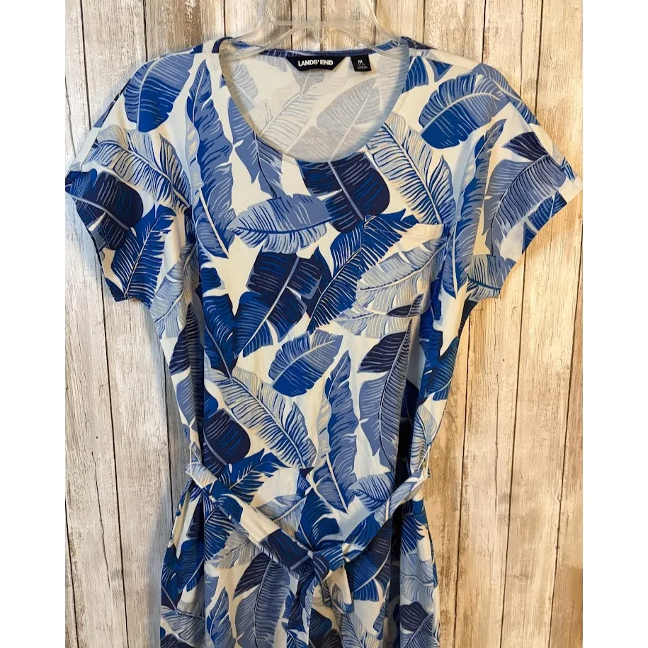 Lands' End Blue Leaf Print Tie Waist Dress - Medium - Image 3