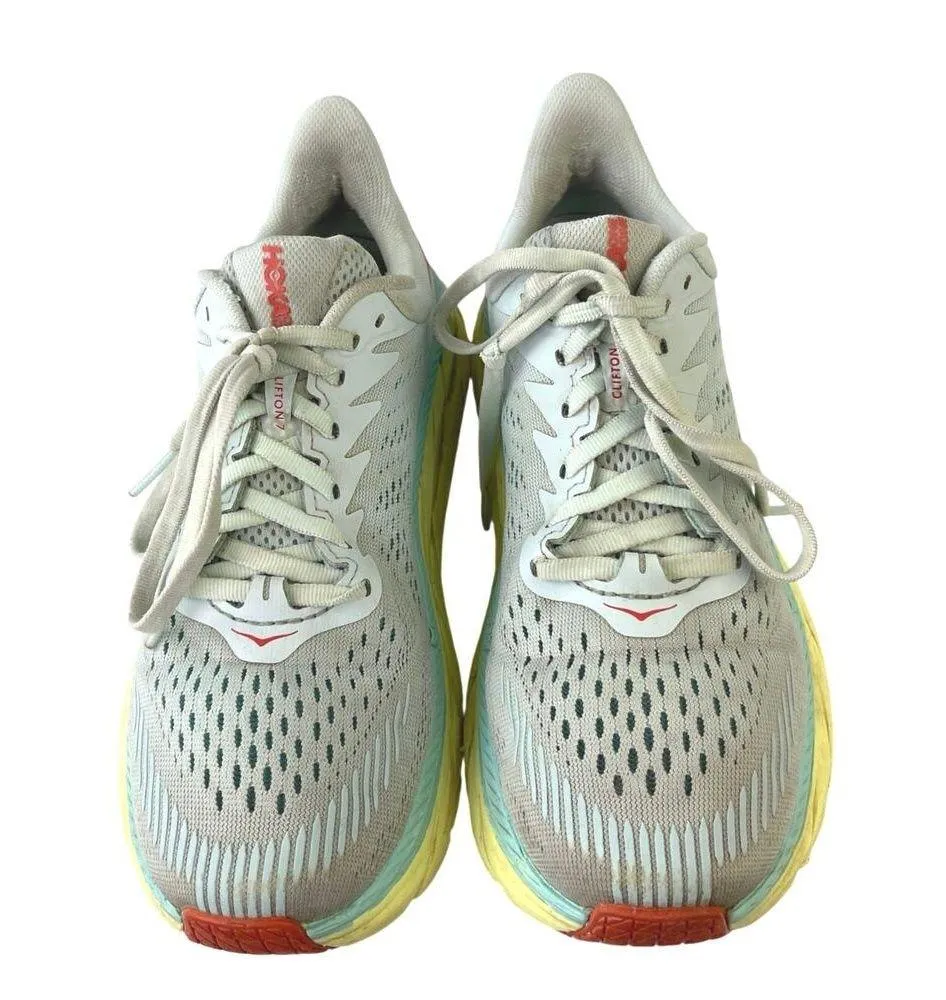 Hoka One One Clifton 7 Womens Mint/Yellow Lace Up Running Sneakers Shoes Sz 6.5 Blue - Image 2