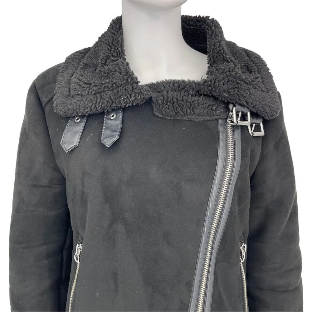 ZARA Jacket Women Size XL Double Sided Straps Asymmetrical Biker Jacket Fleece - Image 2