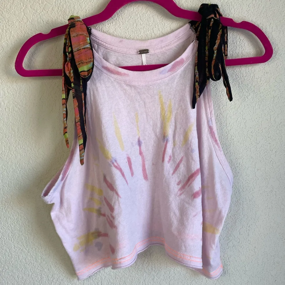 Free People Pink Light Tie-Dye Koa Ribbon Tie Cropped Tank size S - Image 3