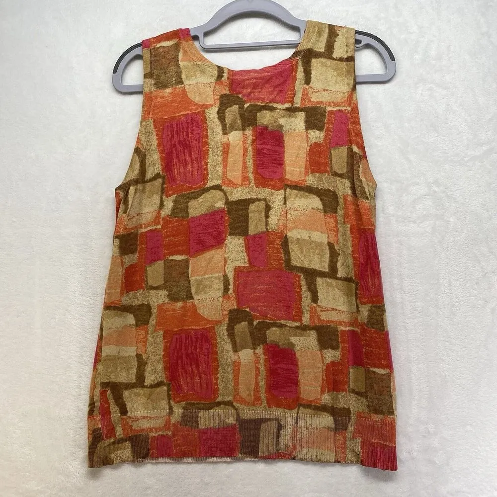 Chicos 2-Piece tank/cardigan L/XL Silk Blend orange/pink abstract‎ wood bead - Image 10