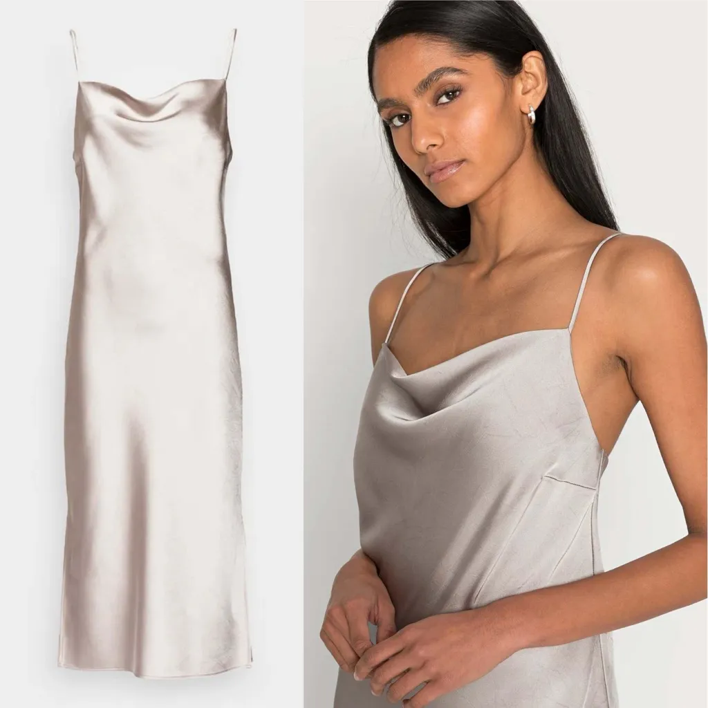 Just Female Rich Dress Paloma Silver Satin Slip Midi Size L - Image 3