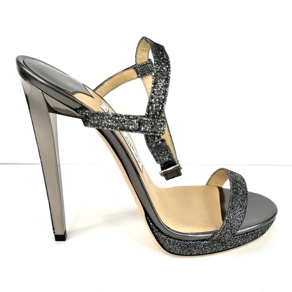 Jimmy Choo Claudette Lamé Glitter Platform 120mm Sandals Anthracite Size EU 39.5 - Image 3