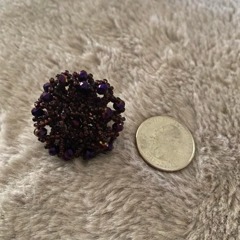 Handmade Purple Seed beaded Flower Ring size 6 - Image 3