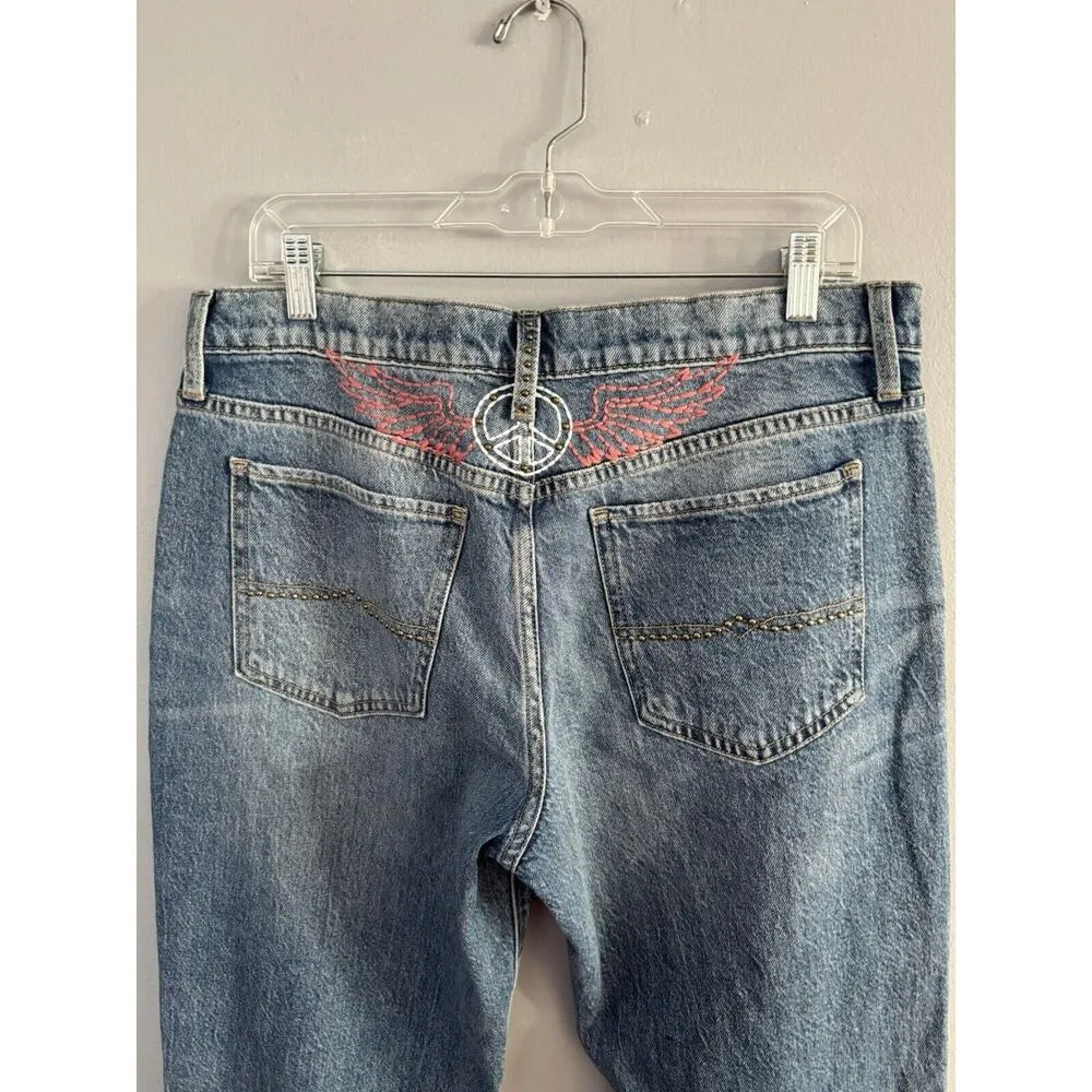 Lucky Brand Easy Rider Mid Rise Bootcut Women’s Size 12 Peace Sign Embroidery - Image 6
