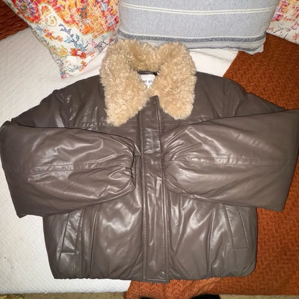 Stand Studio Fran faux leather puffer jacket fur collar mole brown size EU40 med - Image 14
