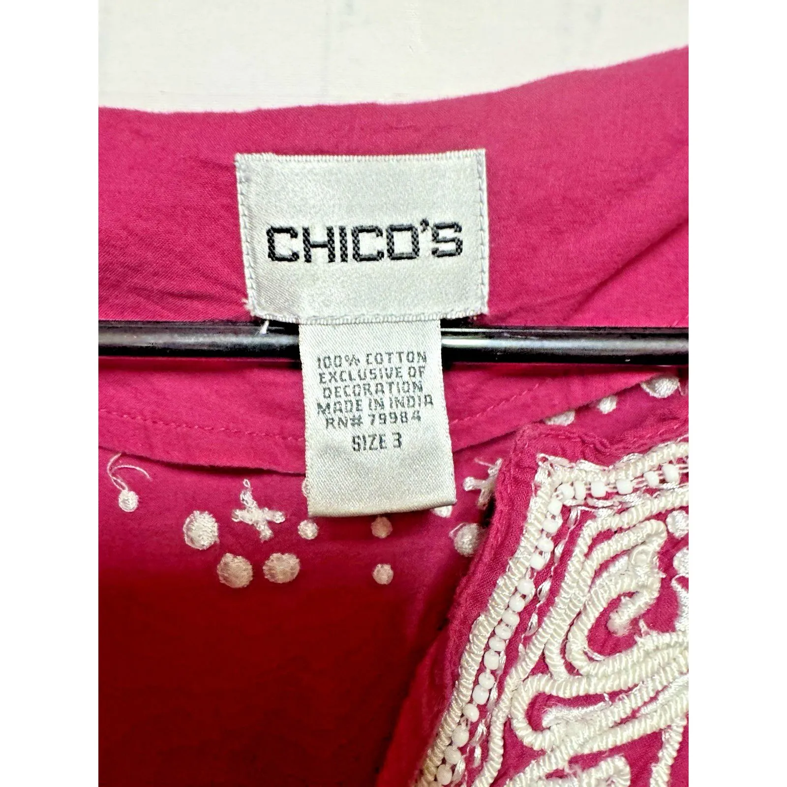 CHICO'S cotton Women Embroidered V-Neck Tunic Top Blouse Magenta hot pink  small - Image 3