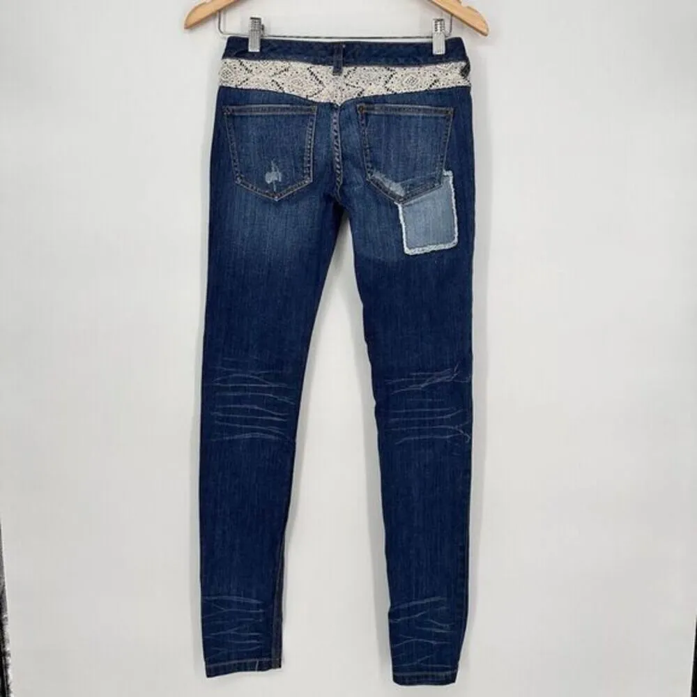 Free People Patchwork Skinny‎ Jeans Size 24 Daisy Haynes Crochet Lace Festival - Image 10