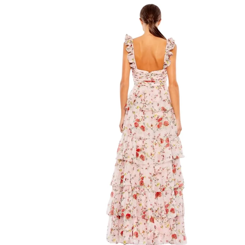 Ieena by Mac Duggal- Pink Ruffled Sleeveless Draped Tiered Floral Gown Size 4 - Image 2