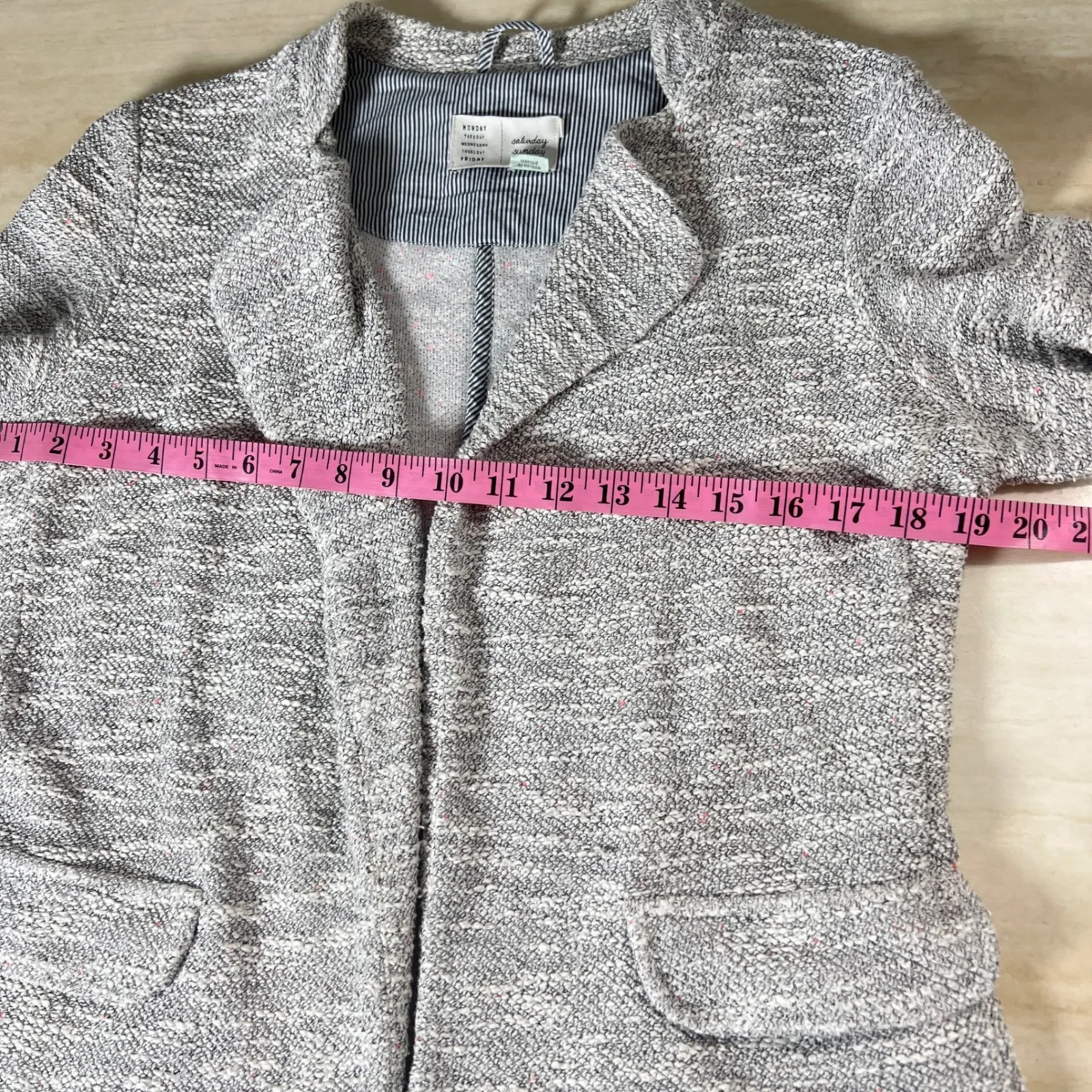 Anthropologie Textured Open Front Blazer Gray White Pink Flecks Size Small - Image 7
