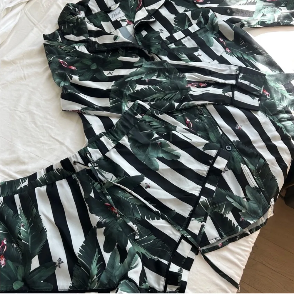 Revolve  Plush Tropical Black White Striped Shirt and Short Sleep Set Leaf Print - Image 2