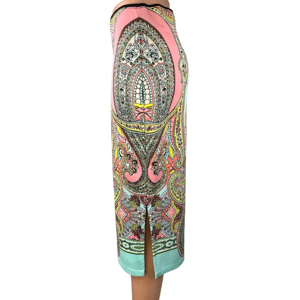 Bisou Bisou Pink Blue Paisley High Waist Pull On Stretch Pencil Midi Skirt Sz S - Image 2