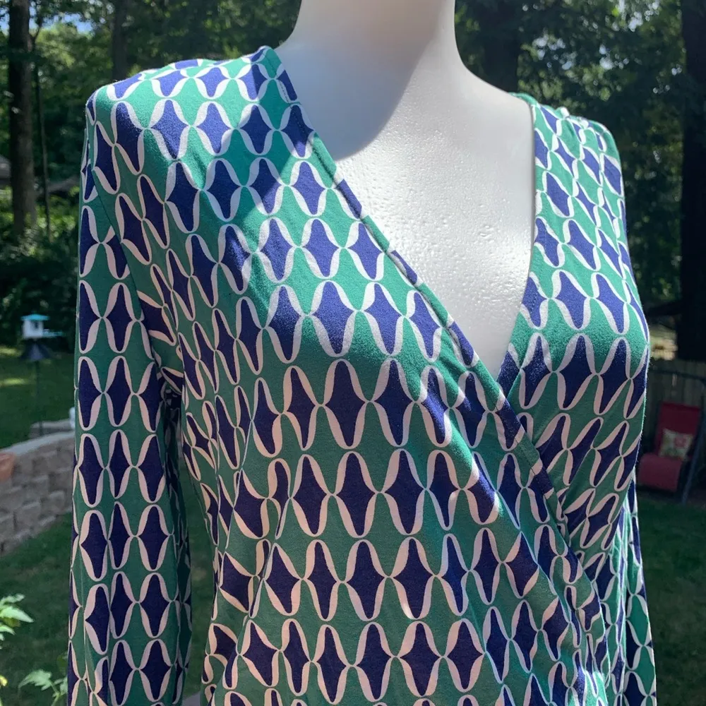 BODEN Green Blue Print Jersey Knit Long Sleeves ELODIE Wrap Shirt Top Size 10 - Image 2