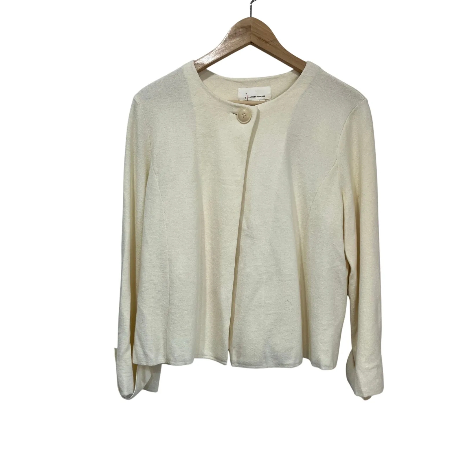 Anthropologie Jessalyn Cream Knit Blazer Sz M One Button 3/4 Sleeve Cardigan - Image 3