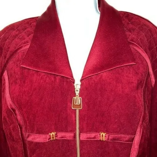 LORI WEIDNER Evening Vintage Dark Wine Satin/Goldtone Hardware Trim Jacket Sz 14 Red - Image 3