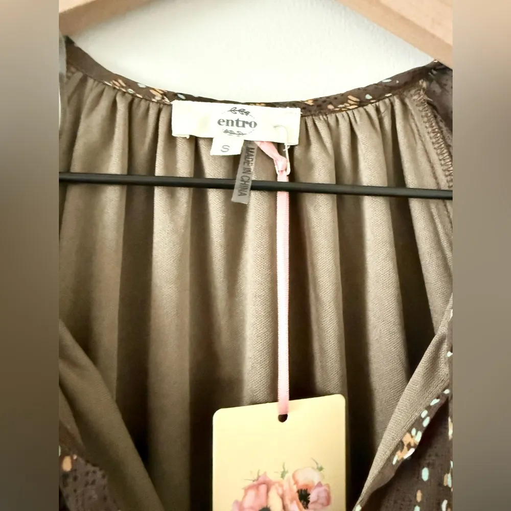 NWT Entro Long Sleeve Ruffle Mini Dress in Brown Multi Abstract Print - Size S - Image 4