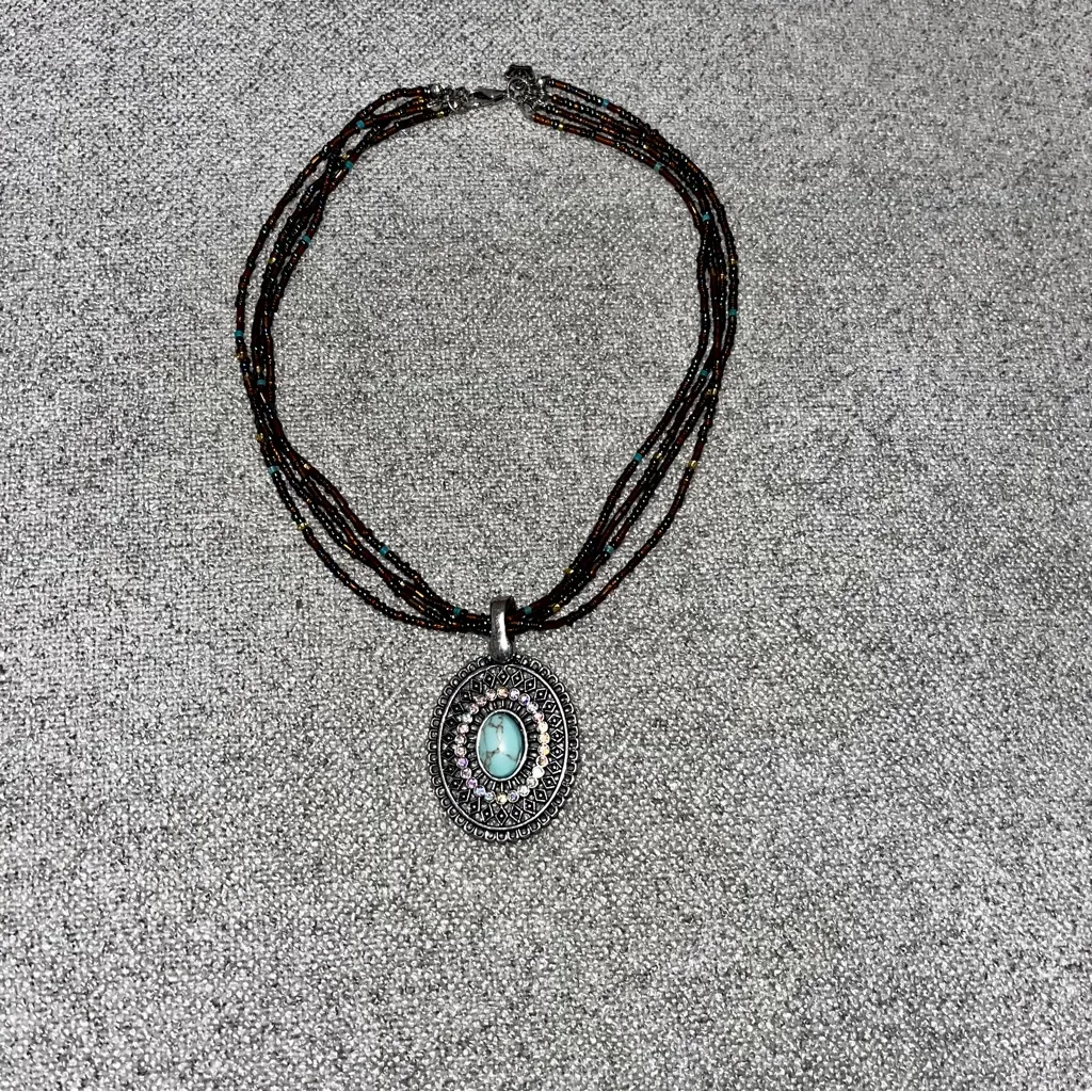 Vintage Beaded Multi Strand Necklace w Reversable Pendant Turquoise Tiger Eye - Image 2