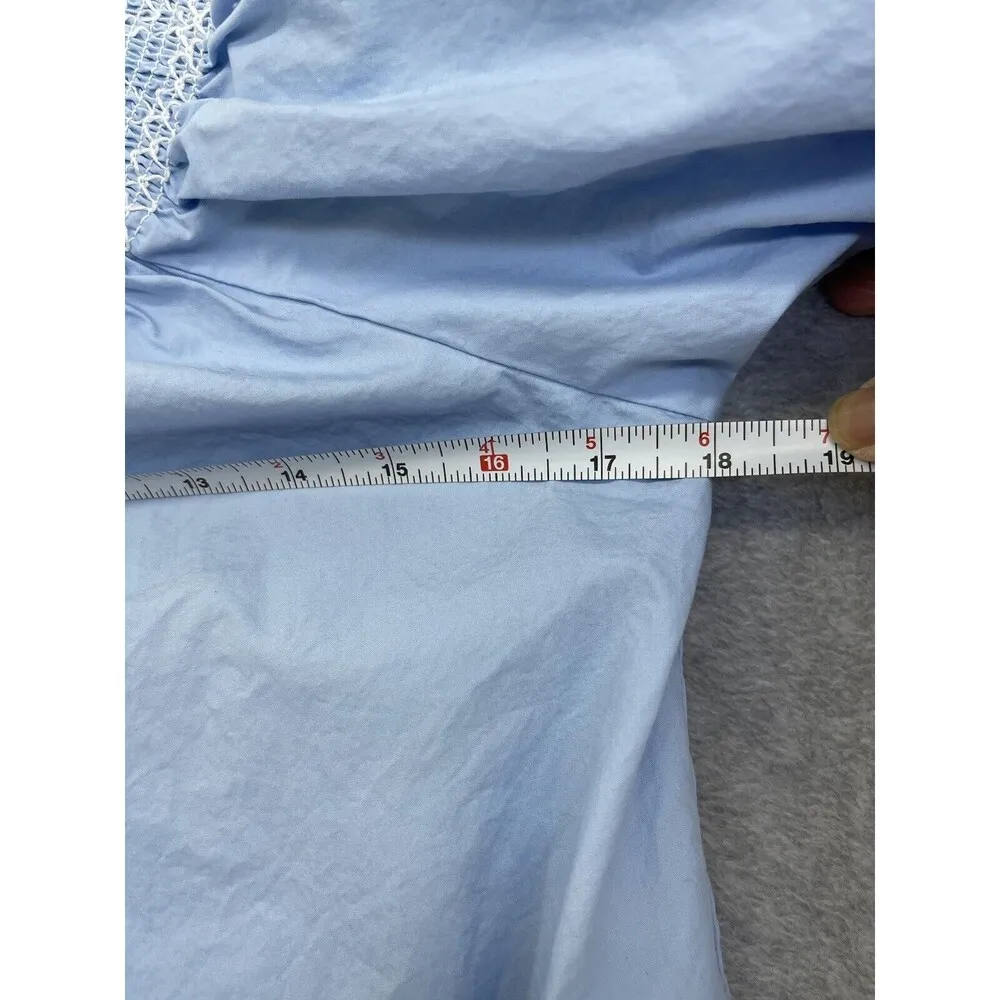 ZARA Women's Off Shoulder Dress Solid Blue Size Small Smocked Sleeve Shift - Image 8