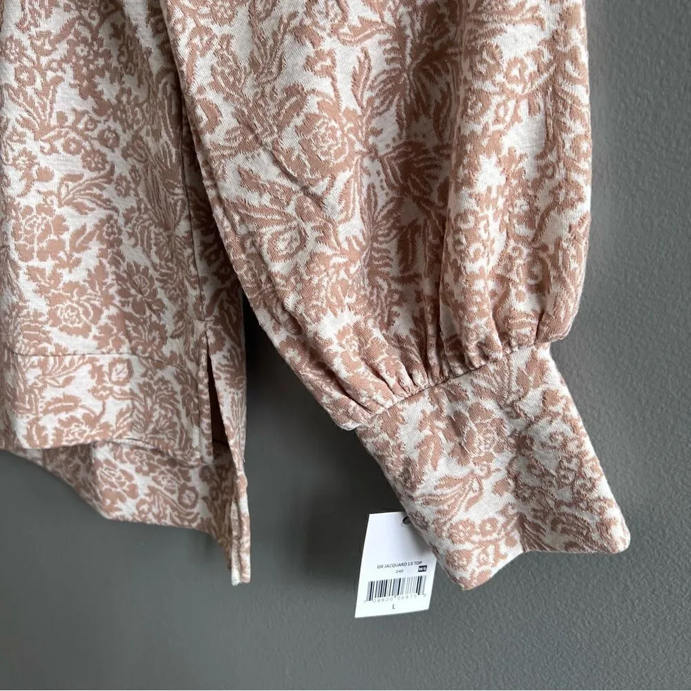 Ophelia Roe NWT Tan Peach Floral Jacquard Puff Sleeve Long Sleeve Blouse Top L - Image 5