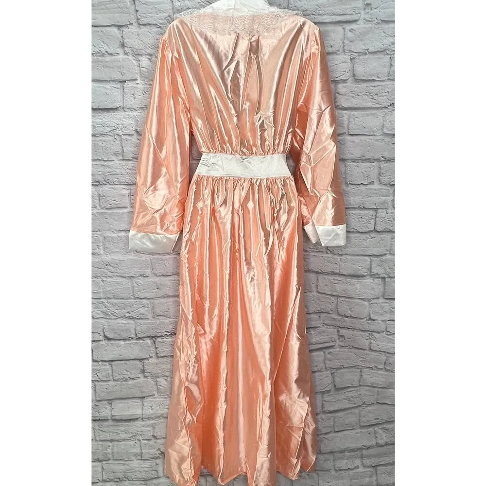 Vintage Fantasy Nightwear by Janice Lee Satin & Lace Robe Coral Pink Size M Size M - Image 4