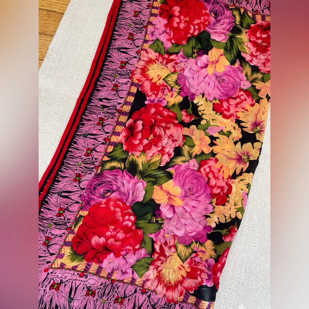 Oscar De La Renta Silk Square Scarf Cabbage Roses Pink Red Black 30” X 28.5” - Image 3
